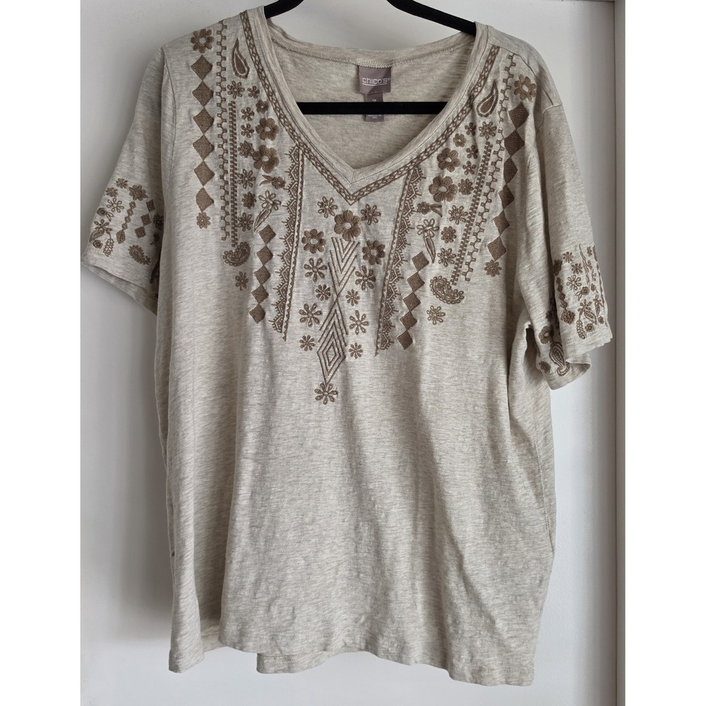 Chico's T-Shirt Size 3 Beige Embroidered V-Neck Short Sleeve Cotton Boho Top
